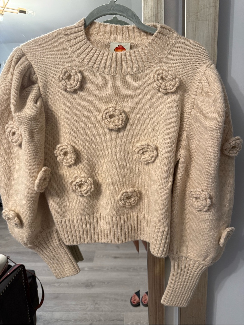Farm Rio Sand Crochet 3d Flower Dropped Shoulder Knit Sweater